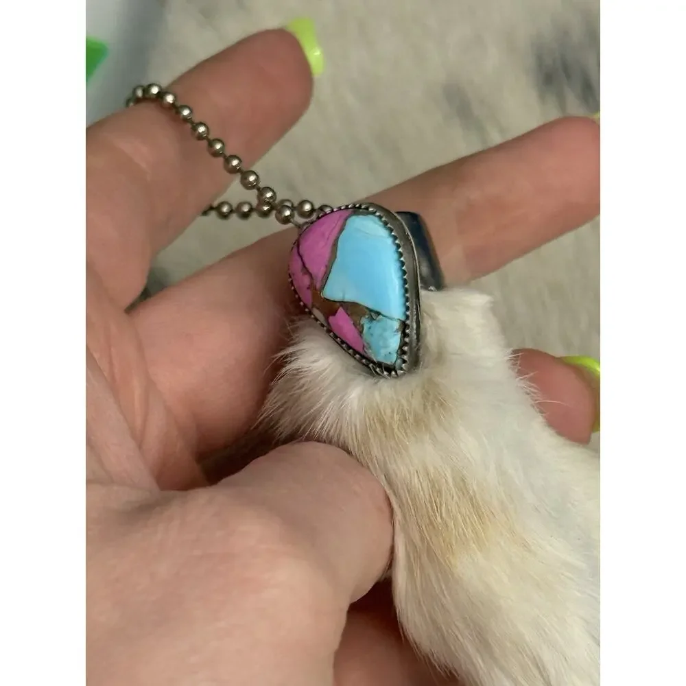 Sterling Silver Pink Blue Cotton Candy Bezel Rabbits Foot Keychain Pendant 925